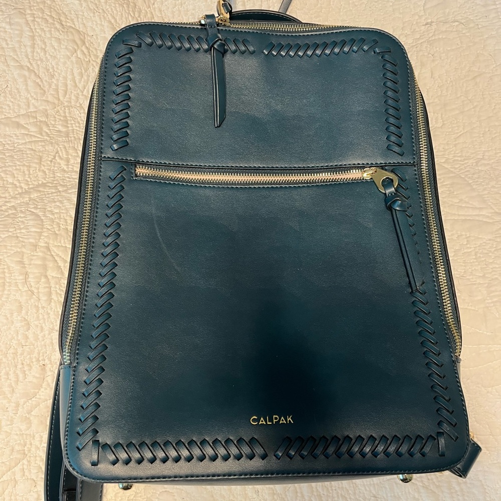 Calpak Teal Leather Backpack with Whipstitch and Gold Hardware